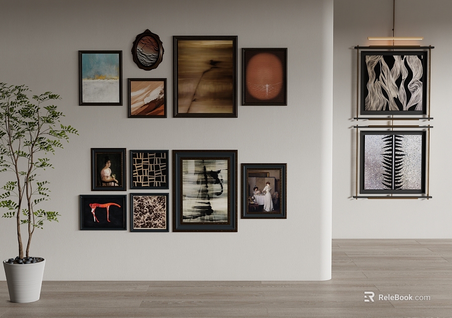 Abstract Paintings In Minimalist Interior With Plant 3d model 