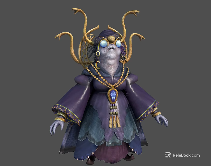 Mystical Game Movie Character With Tentacle Head Golden Headdress Glowing Blue Eyes And Purple Robe 3d model 