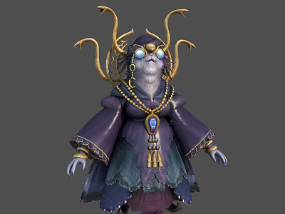 Mystical Game Movie Character With Tentacle Head Golden Headdress Glowing Blue Eyes And Purple Robe 3d model