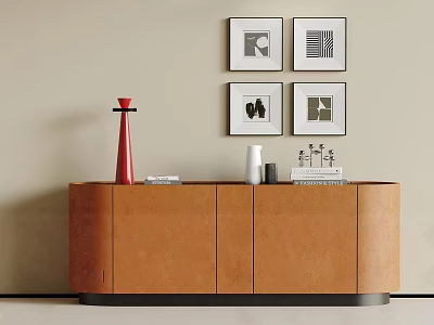 Elegant Brown Console Table With Framed Wall Art Vase And Decorative Books 3d model