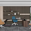Modern Office Desk With Wooden Striped Backdrop Shelves Decorations Blue Chair Beige Chairs And Window