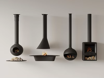Modern Black Fireplaces In Various Designs With Fire And Firewood 3d model