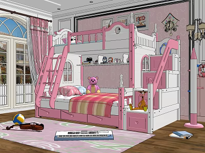 Pink And White Bunk Bed In Kids Room With Stuffed Toys Ladder And Storage Shelves 3d model