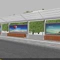 Modern Bus Station With White Canopy Large Billboards Wooden Benches And Trees