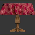 Decorative Red Patterned Tablecloth Covered Round Wooden Base Furniture Table
