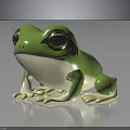 3D Green Frog Character With Big Eyes Green Body White Belly On Black Background With Reflection