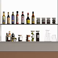 Organized Glass Spice Bottles With Labels On Kitchen Shelf In Various Sizes