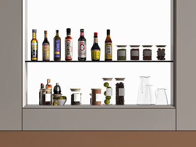 Organized Glass Spice Bottles With Labels On Kitchen Shelf In Various Sizes 3d model