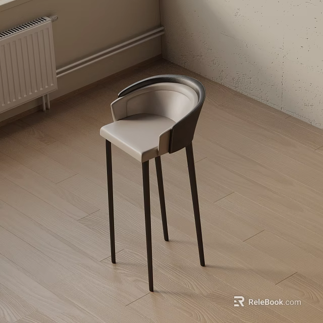 Modern Bar Stool With Beige Upholstered Seat Curved Backrest And Dark Legs On Light Wooden Floor 3d model 