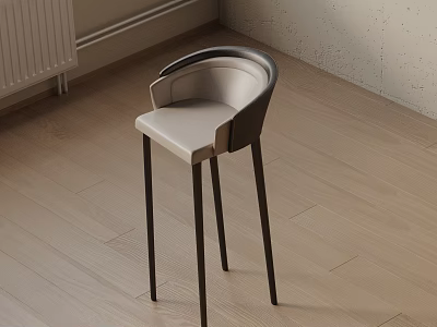 Modern Bar Stool With Beige Upholstered Seat Curved Backrest And Dark Legs On Light Wooden Floor 3d model