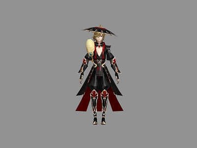 Game Movie Character In Black Red Robe With Conical Hat And Golden Patterns 3d model