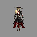 Game Movie Character In Black Red Robe With Conical Hat And Golden Patterns