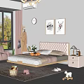 Cozy Bedroom With Tufted Headboard Nightstand Table Lamp Decorative Paintings Wall Clock And Soft Rug