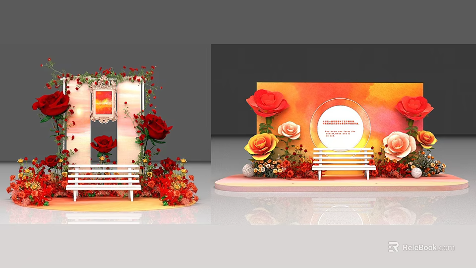 Scenic Photo Check In Spot With Roses Bench And Decorative Circular Backdrop Setup 3d model 