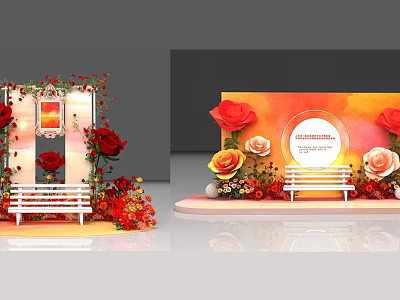 Scenic Photo Check In Spot With Roses Bench And Decorative Circular Backdrop Setup 3d model