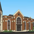 European Style Architecture With Tall Spire Red Brick Rose Window And Green Trees