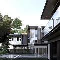 Modern Townhouse Exterior Design With Glass Windows Black And Wooden Facade And Green Trees