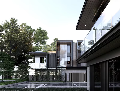 Modern Townhouse Exterior Design With Glass Windows Black And Wooden Facade And Green Trees 3d model