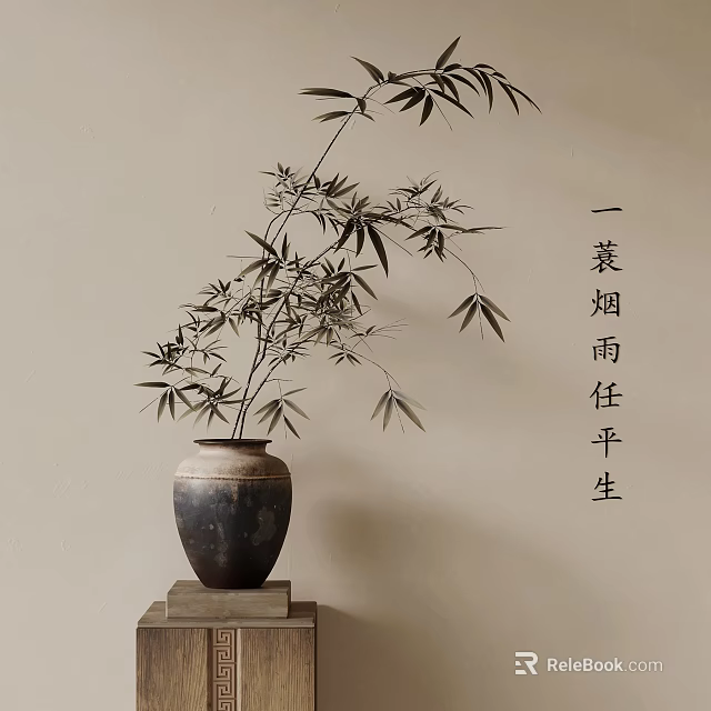 Traditional Chinese Decorative Clay Pot With Bamboo Branches And Calligraphy On Neutral Background 3d model 