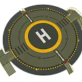 Circular Platform Design With Yellow Circle White Symbol Warning Stripes And Stairs