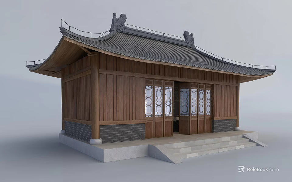 Traditional Chinese Ancient Building With Wooden Structure Tile Roof Carved Windows And Stone Steps 3d model 