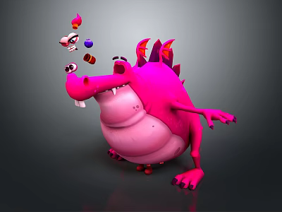 Horned Pink Reptile Cartoon Character Juggling Colorful Objects In 3D Render 3d model