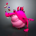 Horned Pink Reptile Cartoon Character Juggling Colorful Objects In 3D Render