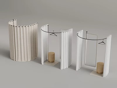 Modern Curved Clothing Display Stands With White Frame Beige Bases And Hangers 3d model
