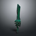 3D Rendered Green Fantasy Sword With Long Blade Glowing Patterns And Decorative Hilt