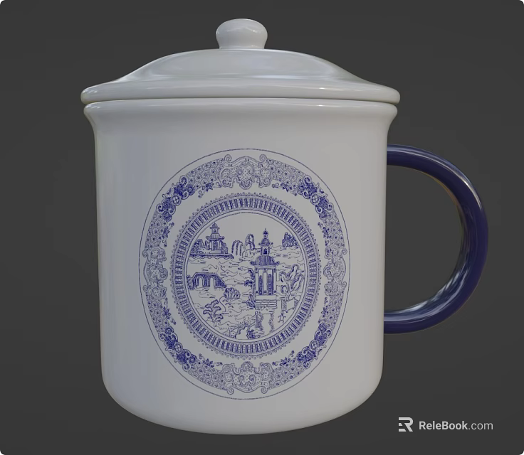 White Mug With Lid Featuring Intricate Blue Decorative Pattern On Ceramic Surface 3d model