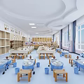 Spacious School Classroom Interior Featuring Organized Desks Chairs And Bookshelves Layout 3d model