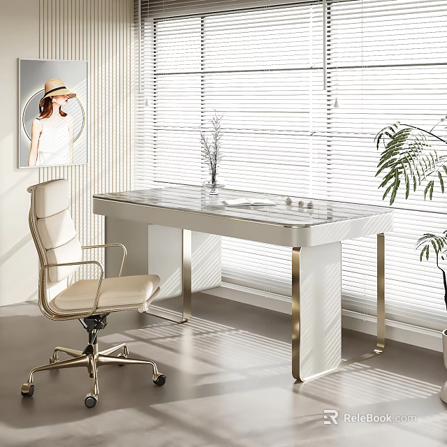 White Desk with Gold Legs Beige Office Chair Vase and Green Plant Near Window Blinds 3d model 