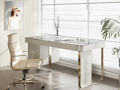 White Desk with Gold Legs Beige Office Chair Vase and Green Plant Near Window Blinds 3d model