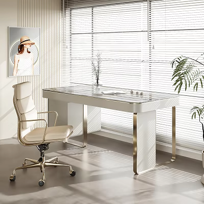 White Desk with Gold Legs Beige Office Chair Vase and Green Plant Near Window Blinds 3d model