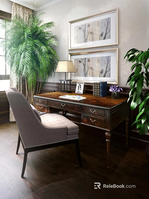 Vintage Wooden Desk With Comfortable Gray Chair Lamp Photo Frame Books Vase And Green Plants 3d model 