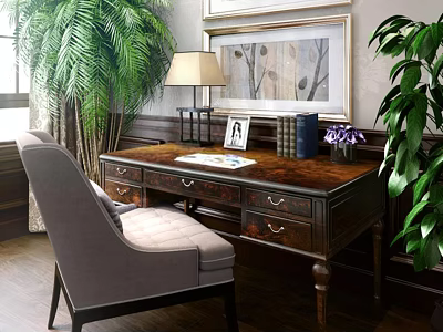 Vintage Wooden Desk With Comfortable Gray Chair Lamp Photo Frame Books Vase And Green Plants 3d model