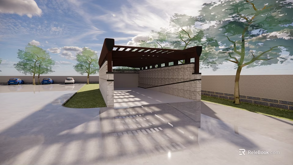 Modern Pergola Roof Structure With Wooden Beams Brick Walls And Supporting Columns 3d model 