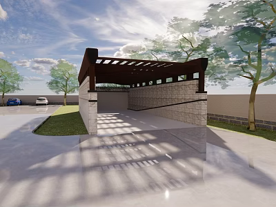 Modern Pergola Roof Structure With Wooden Beams Brick Walls And Supporting Columns 3d model