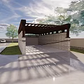 Modern Pergola Roof Structure With Wooden Beams Brick Walls And Supporting Columns