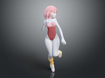 Anime Game Character With Pink Hair Red Bodysuit Yellow Socks White Shoes And Dynamic Pose 3d model