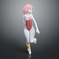 Anime Game Character With Pink Hair Red Bodysuit Yellow Socks White Shoes And Dynamic Pose
