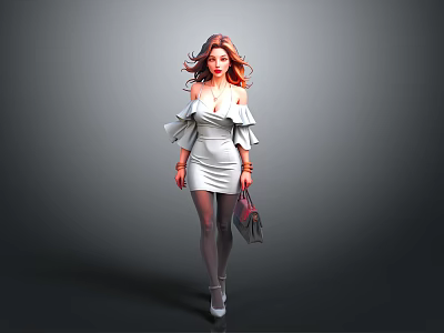 Woman in off-shoulder gray dress with ruffle details wearing stockings holding handbag against gray background 3d model