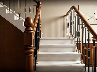 Elegant Interior Staircase With White Steps Wooden Handrail And Black Gold Railings 3d model