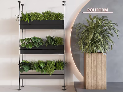 Lush Green Foliage On Multi Tiered Metal Stand With Black Planters And Wooden Pot 3d model