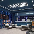 Blue Themed Modern Lounge Space With Lighting And Furniture