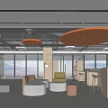 Modern Open Lounge Interior With Orange Circular Ceiling Lights Comfortable Seating And Wooden Bookshelves