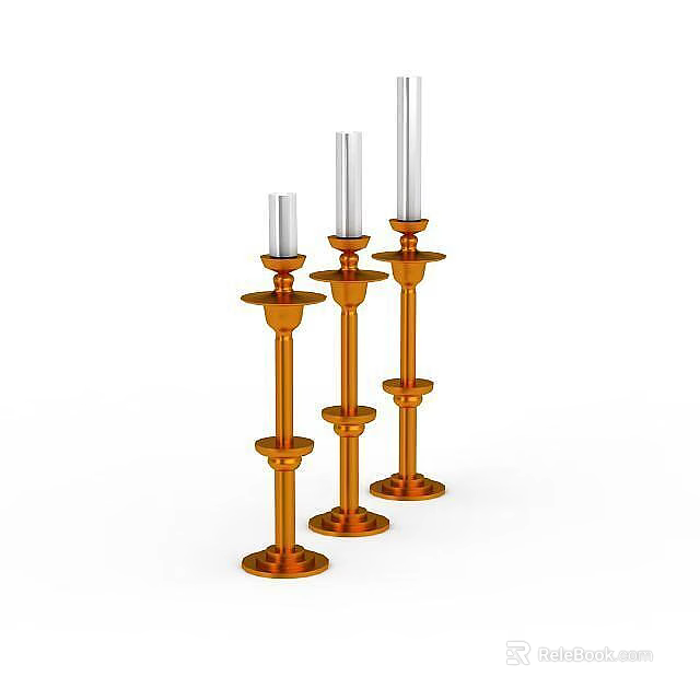 Three Orange Decorative Candle Holders With White Candles On White Background 3d model 