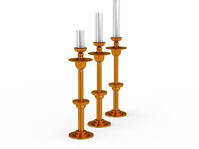 Three Orange Decorative Candle Holders With White Candles On White Background 3d model