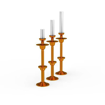 Three Orange Decorative Candle Holders With White Candles On White Background 3d model