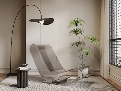 Transparent Modern Lounge Chair With Floor Lamp Green Plant And Striped Rug 3d model